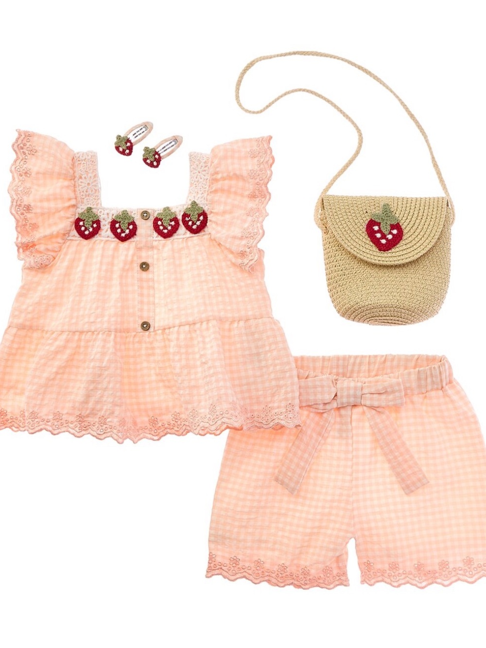 Peach Gingham Strawberry Accent 4 Piece Set